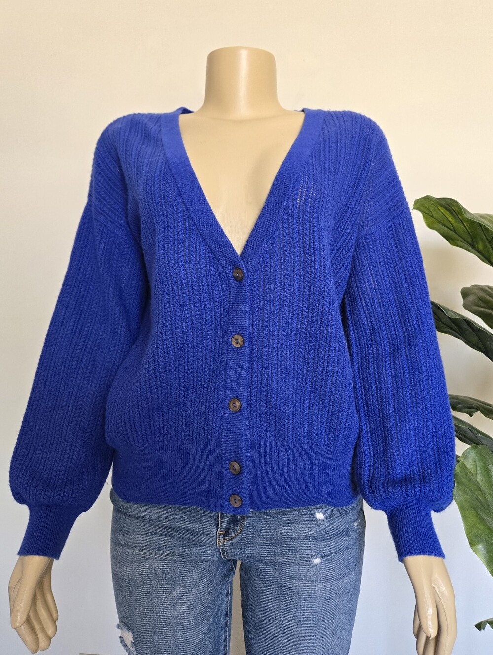RARE Jumper 1234 Royal Blue 100% Cashmere V-Neck Ribbed Cardigan Size 3 (L)